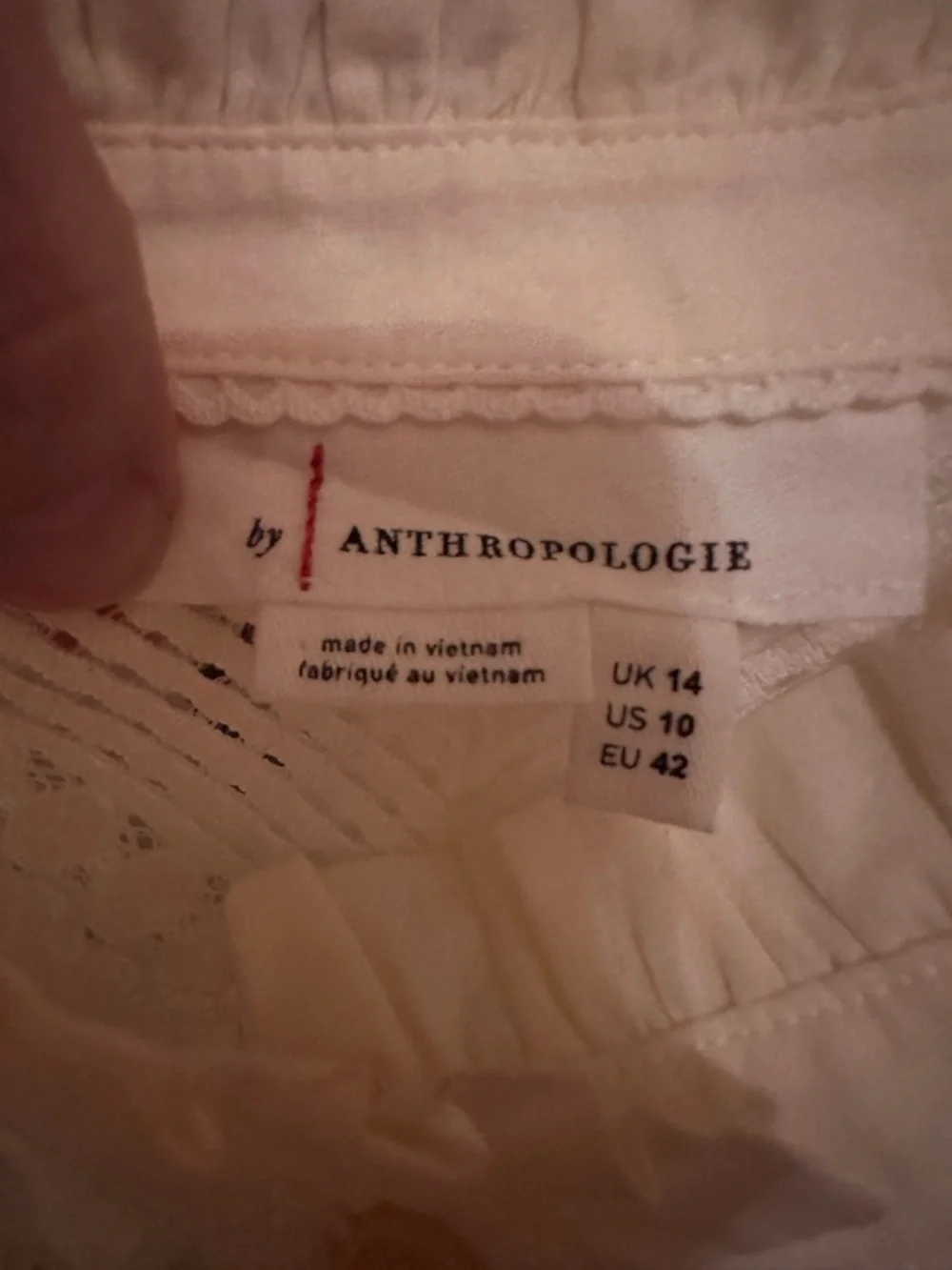 Anthropologie Cream Crochet Lace Ruffle-Neck Button Blouse